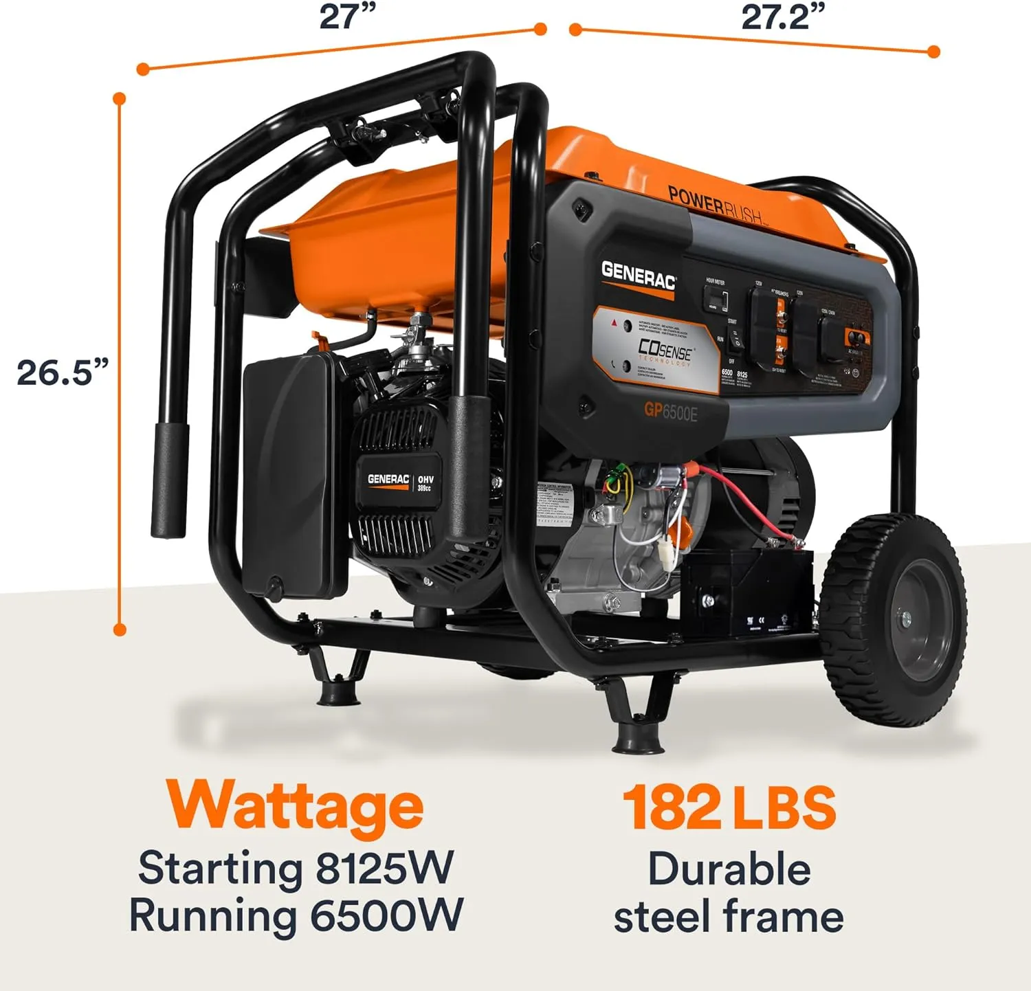 Generac 6,500-Watt Gas-Powered Portable Generator - COsense Technology - PowerRush Advanced Technology - Reliable Power for Emergencies, Recreation, Home - 49 State Compliant - Orange/Black
