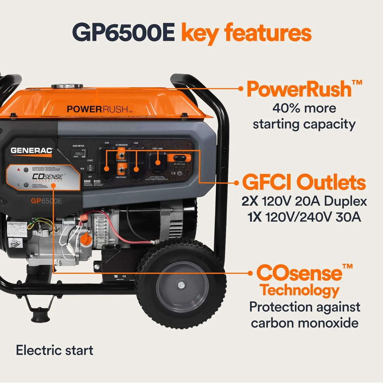 Generac 6,500-Watt Gas-Powered Portable Generator - COsense Technology - PowerRush Advanced Technology - Reliable Power for Emergencies, Recreation, Home - 49 State Compliant - Orange/Black