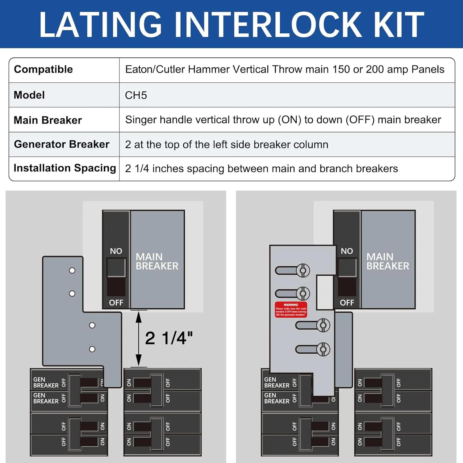 Generator Interlock for Eaton/Cutler Hammer Vertical Throw 150 or 200 A mp Panels with 2 1/4 Inches Spacing, Blue