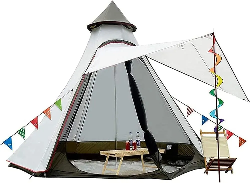 GeRRiT Waterproof Camping Pyramid Teepee Tent Adult Tipi Tent Waterproof Double Layers Tent Yurt Tent Tower Post Bell Tent for Outdoo Family Trip