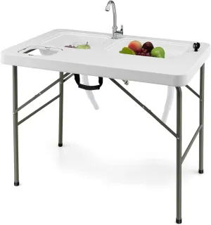 Giantex Fish Cleaning Table w/ 2 Sinks, Faucet, Hose Hook Up, Portable Folding Camping Table w/Measure Mark, Outdoor Fillet Cleaning Station for Fishing Beach Picnic (with Water Hose Holder)