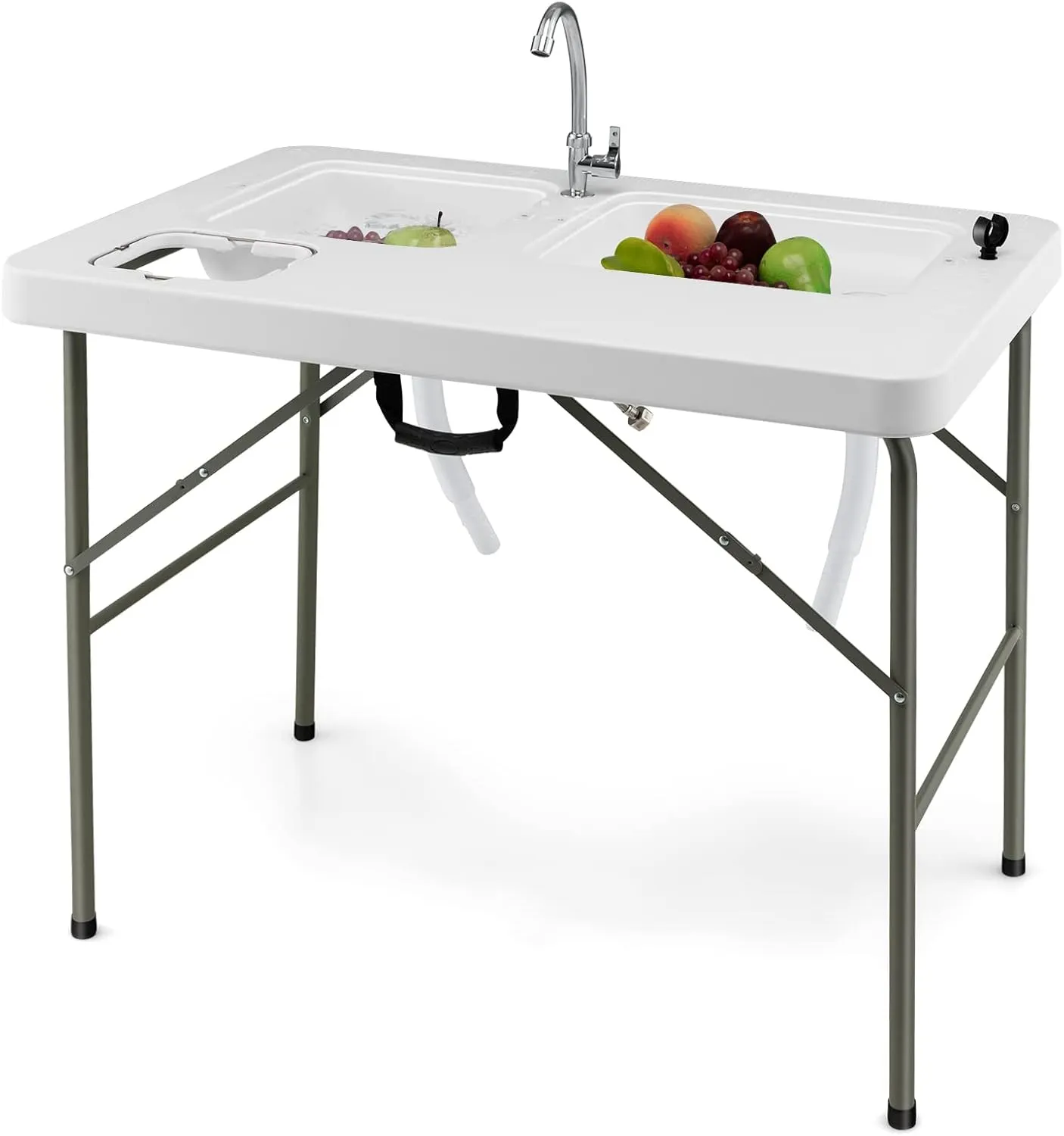 Giantex Fish Cleaning Table w/ 2 Sinks, Faucet, Hose Hook Up, Portable Folding Camping Table w/Measure Mark, Outdoor Fillet Cleaning Station for Fishing Beach Picnic (with Water Hose Holder)