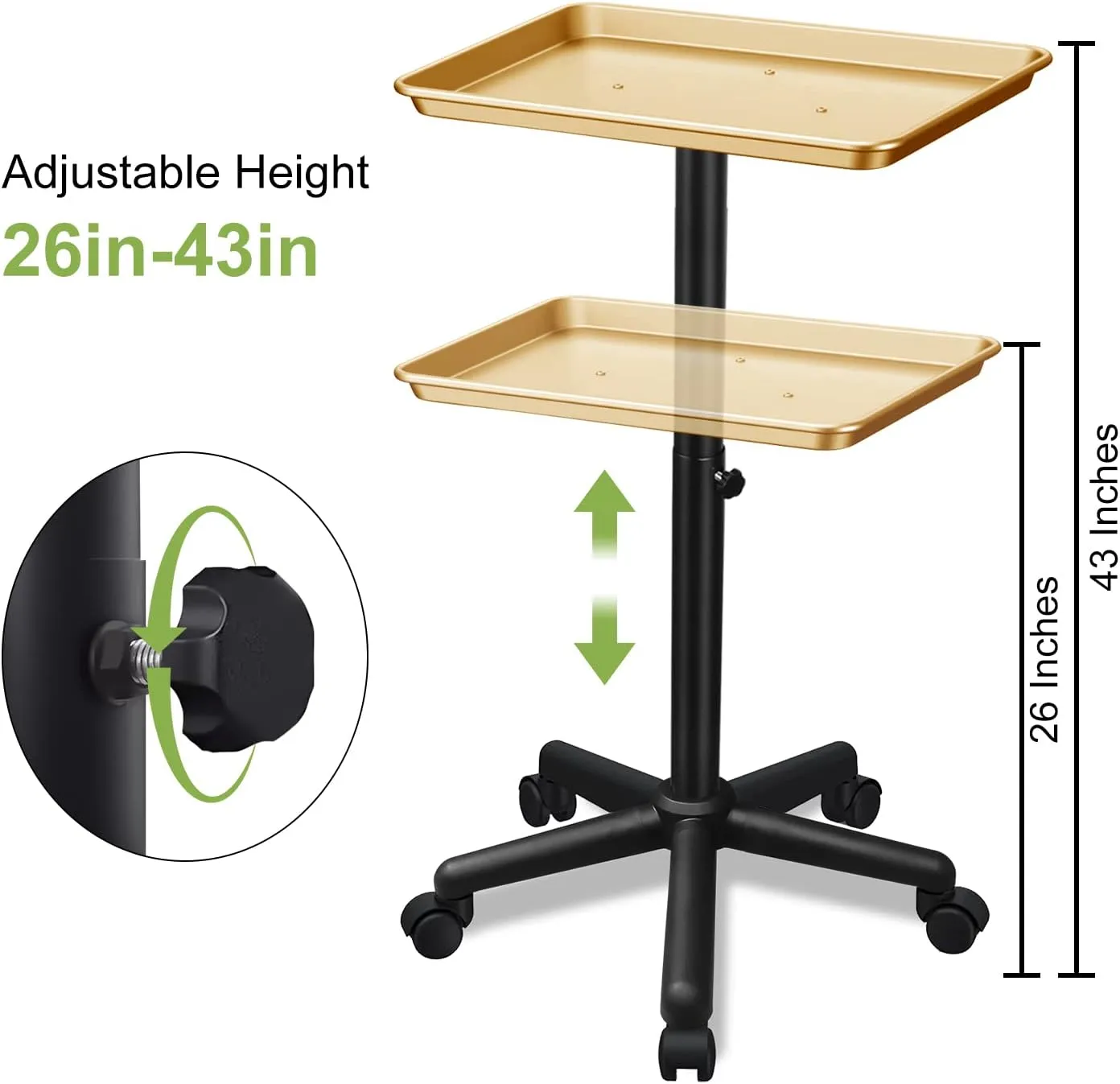 Golden Salon Tray Premium Aluminum Rolling Tray Adjustable Height Use for The Tattoo Tray Hairstylist Tray with Wheels Salon Tray spa(Golden)