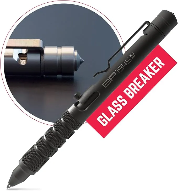 GPCA - GP 1945 Bolt Action Pen PRO, EDC Pen Multitool with Rescue Whistle, Survival Gear for Camping and Roadtrip, Measurement on grip, Aluminum, Jet Black