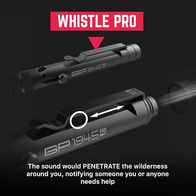 GPCA - GP 1945 Bolt Action Pen PRO, EDC Pen Multitool with Rescue Whistle, Survival Gear for Camping and Roadtrip, Measurement on grip, Aluminum, Jet Black