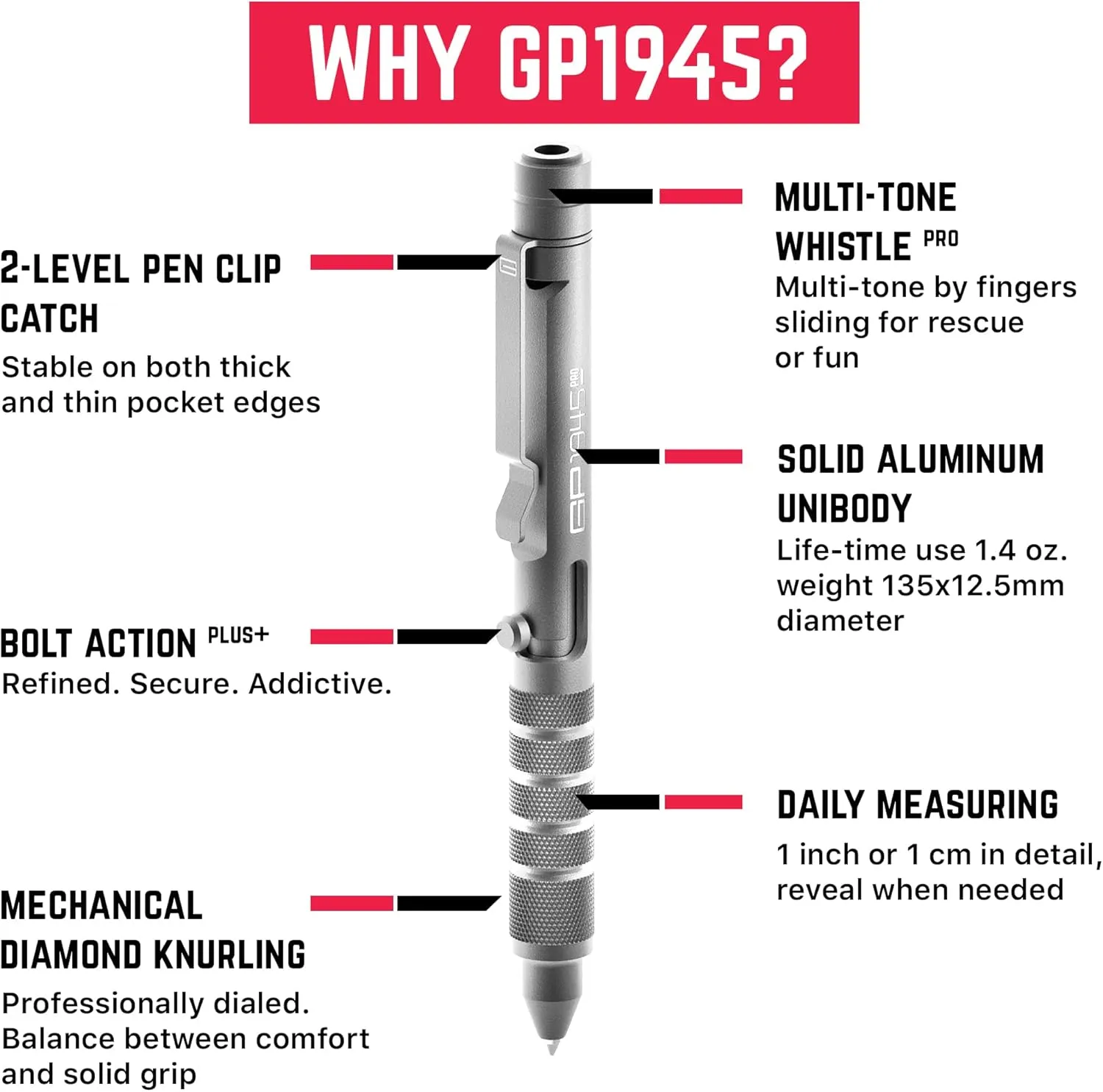 GPCA - GP 1945 Bolt Action Pen PRO, Smart Alternative to a Pen Light, EDC Pen Multitool with Rescue Whistle, Measurement on grip, Survival Gear for Camping, Aluminum, Space Silver