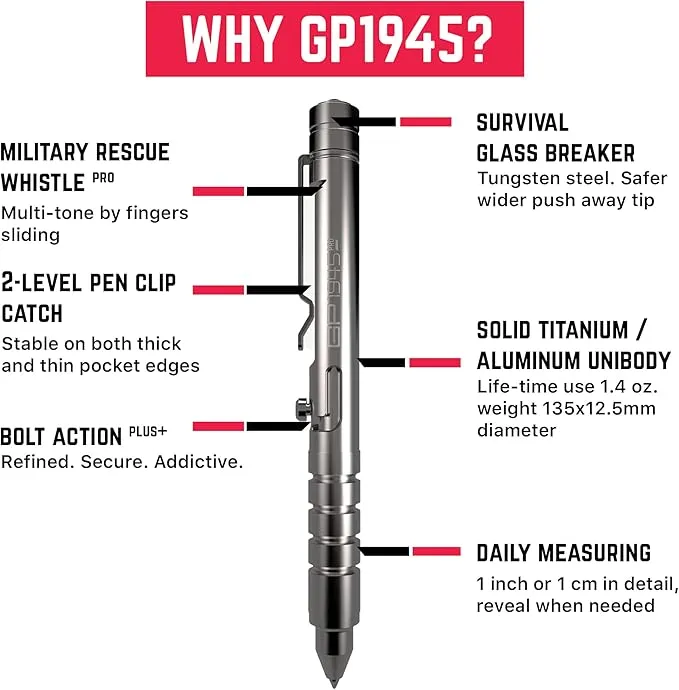GPCA - GP 1945 Bolt Action Pen PRO, Smart Alternative to a Pen Light, EDC Pen Multitool with Rescue Whistle, Measurement on grip, Survival Gear for Camping, Titanium, Polished