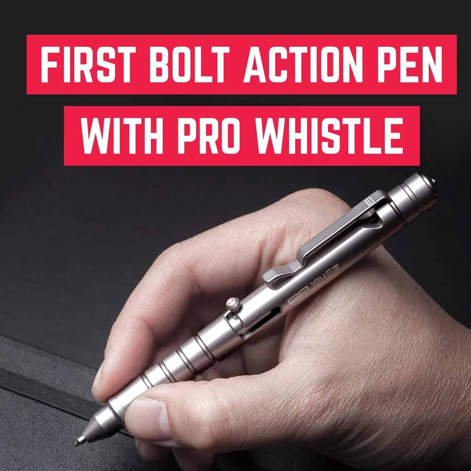 GPCA - GP 1945 Bolt Action Pen PRO, Smart Alternative to a Pen Light, EDC Pen Multitool with Rescue Whistle, Measurement on grip, Survival Gear for Camping, Titanium, Polished
