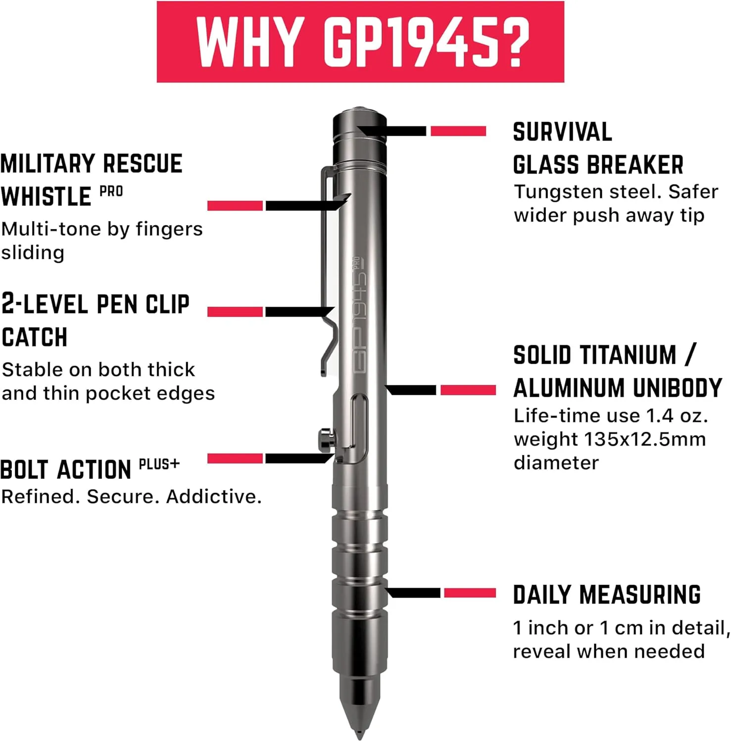 GPCA - GP 1945 Bolt Action Pen PRO, Smart Alternative to a Pen Light, EDC Pen Multitool with Rescue Whistle, Measurement on grip, Survival Gear for Camping, Titanium, Polished