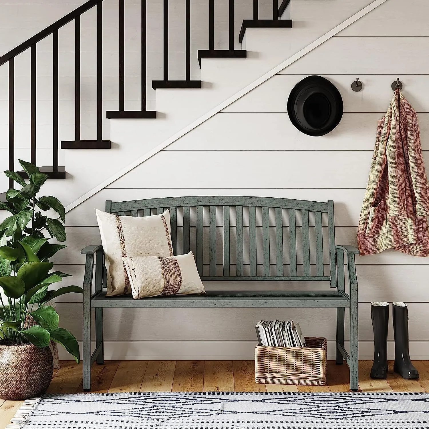Grand patio Farmhouse Outdoor Bench, Garden Bench with Anti-Rust Aluminum Metal Powder Coated Frame, Faux Wood Grain Finish Frame Patio Bench for Front Porch, Duckegg Blue