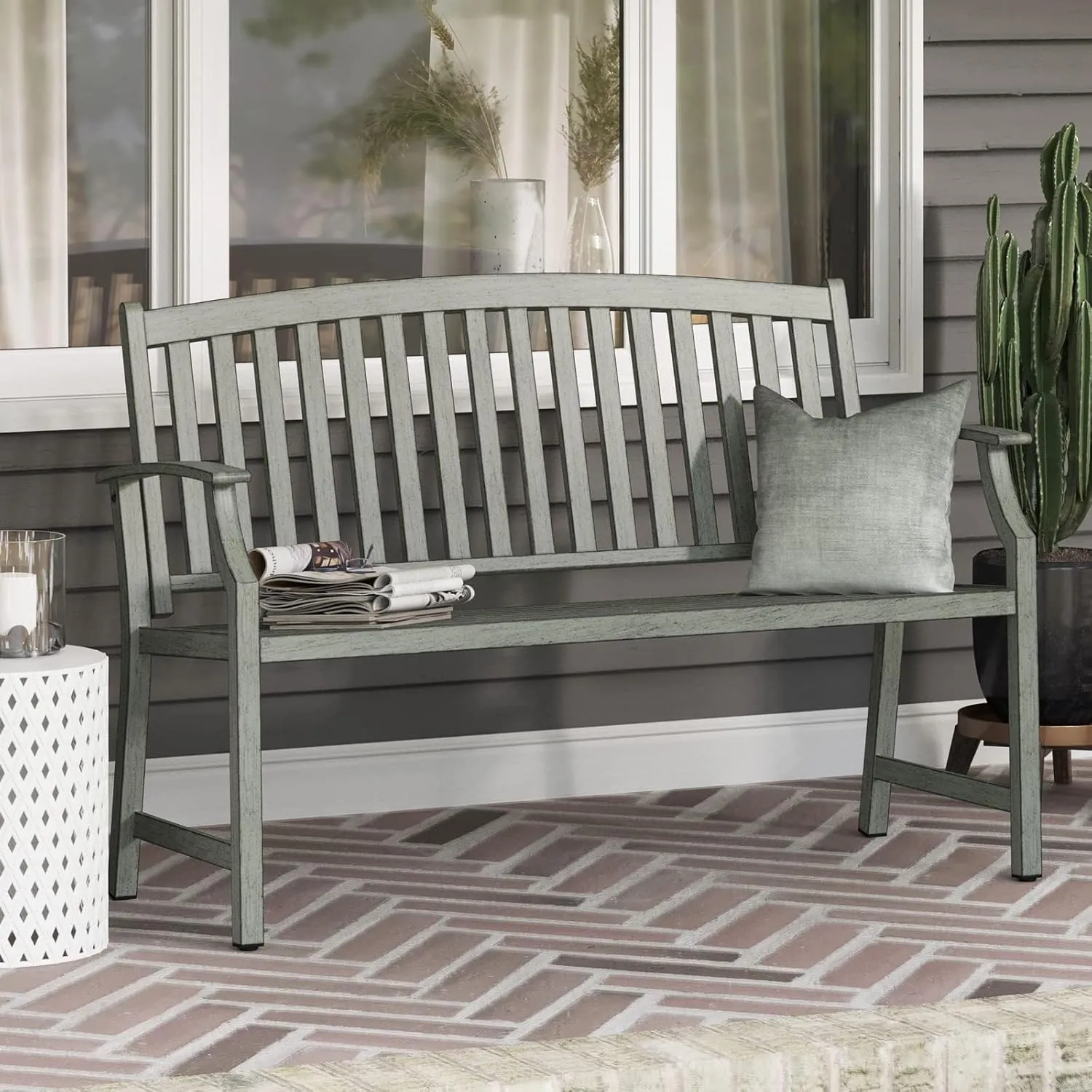 Grand patio Farmhouse Outdoor Bench, Garden Bench with Anti-Rust Aluminum Metal Powder Coated Frame, Faux Wood Grain Finish Frame Patio Bench for Front Porch, Duckegg Blue