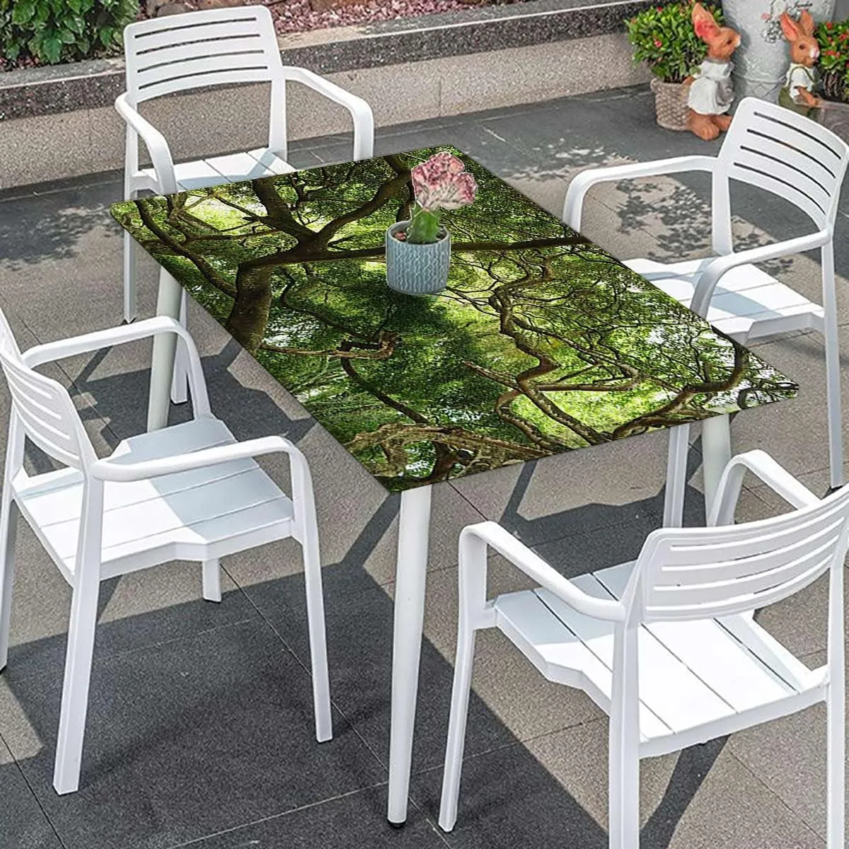 Green Rectangle Tablecloth, Branches in Jungle Mother Earth Tropic Print Elastic Edged Picnic Table Covers ?for Camping, Dining, Outdoor, Park, Patio Forest Fits up 4 Foot Tables