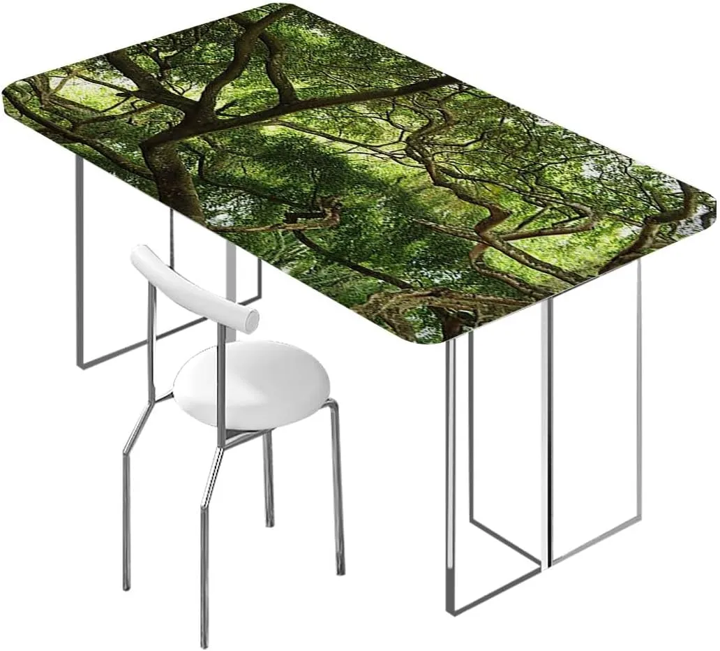 Green Rectangle Tablecloth, Branches in Jungle Mother Earth Tropic Print Elastic Edged Picnic Table Covers ?for Camping, Dining, Outdoor, Park, Patio Forest Fits up 4 Foot Tables