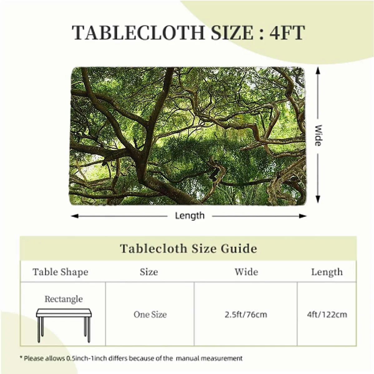 Green Rectangle Tablecloth, Branches in Jungle Mother Earth Tropic Print Elastic Edged Picnic Table Covers ?for Camping, Dining, Outdoor, Park, Patio Forest Fits up 4 Foot Tables