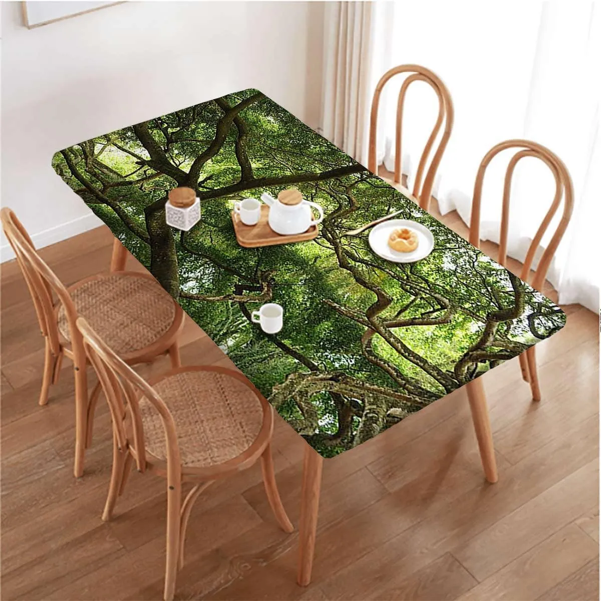 Green Rectangle Tablecloth, Branches in Jungle Mother Earth Tropic Print Elastic Edged Picnic Table Covers ?for Camping, Dining, Outdoor, Park, Patio Forest Fits up 4 Foot Tables