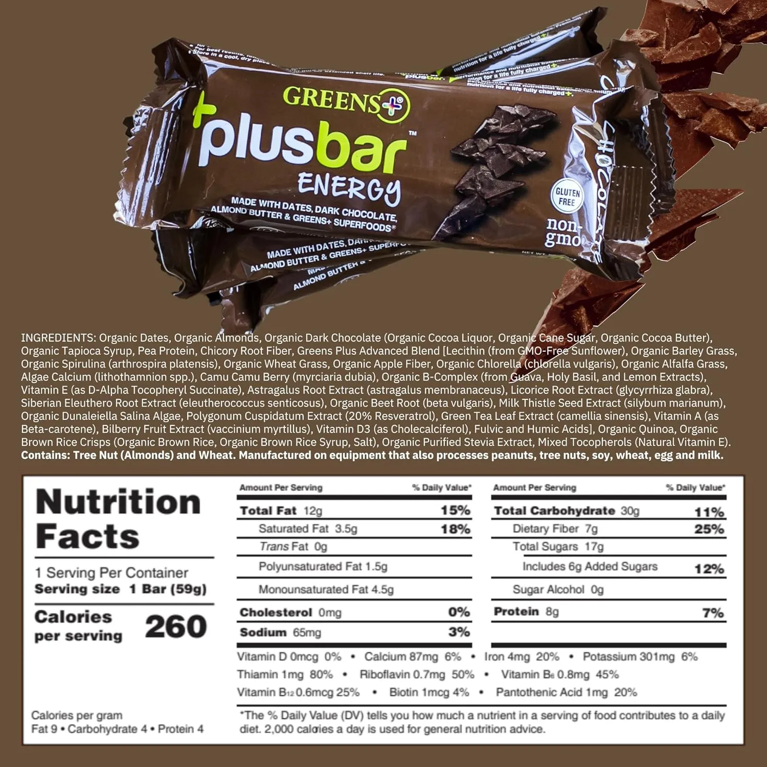 Greens  Plusbar Energy Bars, Chocolate, Gluten Free Healthy Snacks with Organic Super Greens, Superfoods & Dark Chocolate, Vegan, Dairy Free & Non GMO, 8g Protein Meal Replacement Bars, 12 Bars