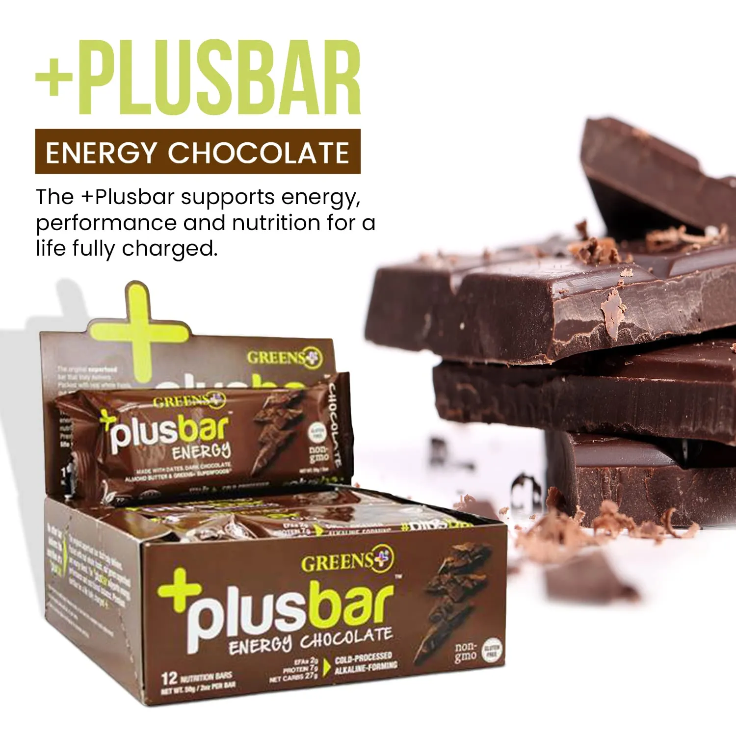 Greens  Plusbar Energy Bars, Chocolate, Gluten Free Healthy Snacks with Organic Super Greens, Superfoods & Dark Chocolate, Vegan, Dairy Free & Non GMO, 8g Protein Meal Replacement Bars, 12 Bars