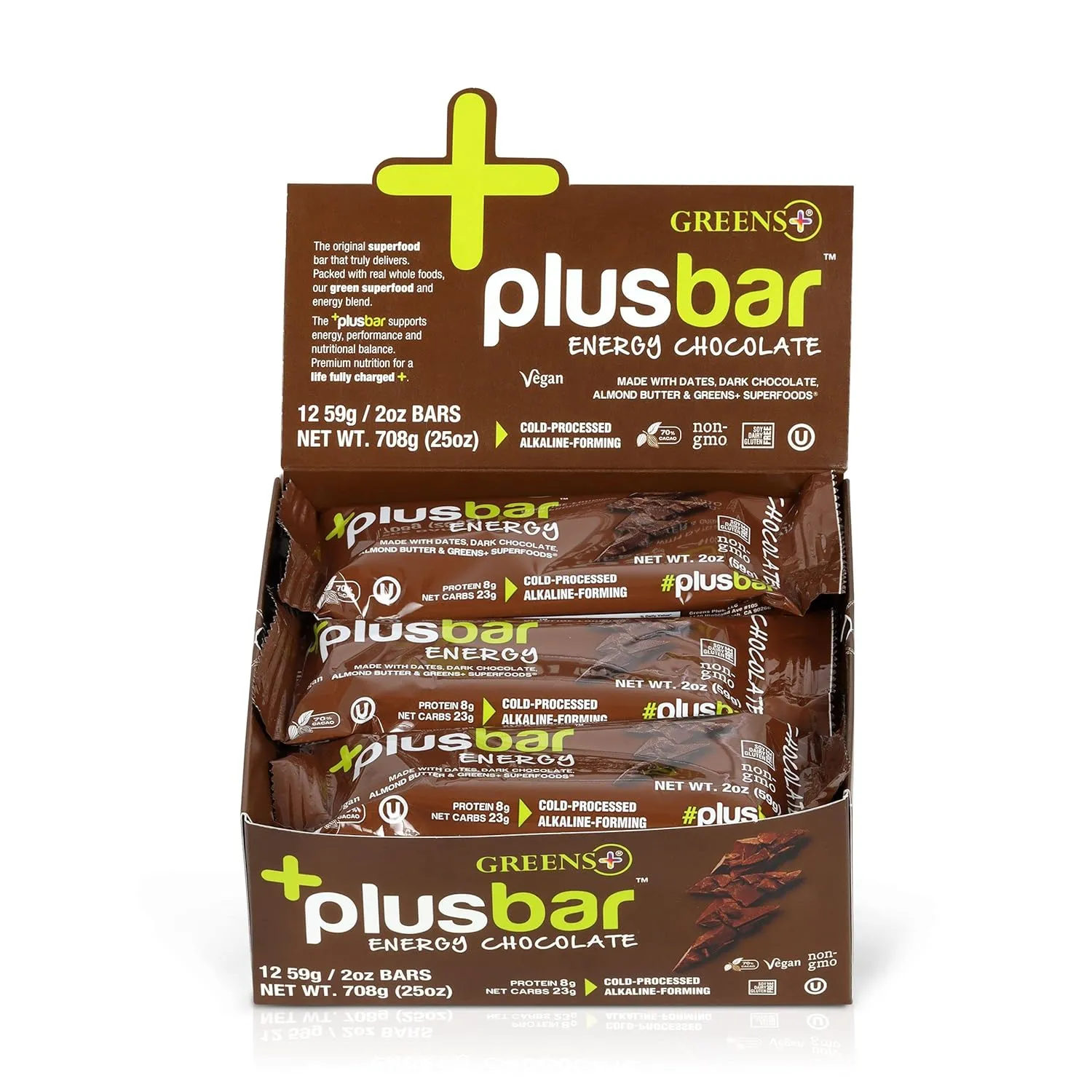 Greens  Plusbar Energy Bars, Chocolate, Gluten Free Healthy Snacks with Organic Super Greens, Superfoods & Dark Chocolate, Vegan, Dairy Free & Non GMO, 8g Protein Meal Replacement Bars, 12 Bars