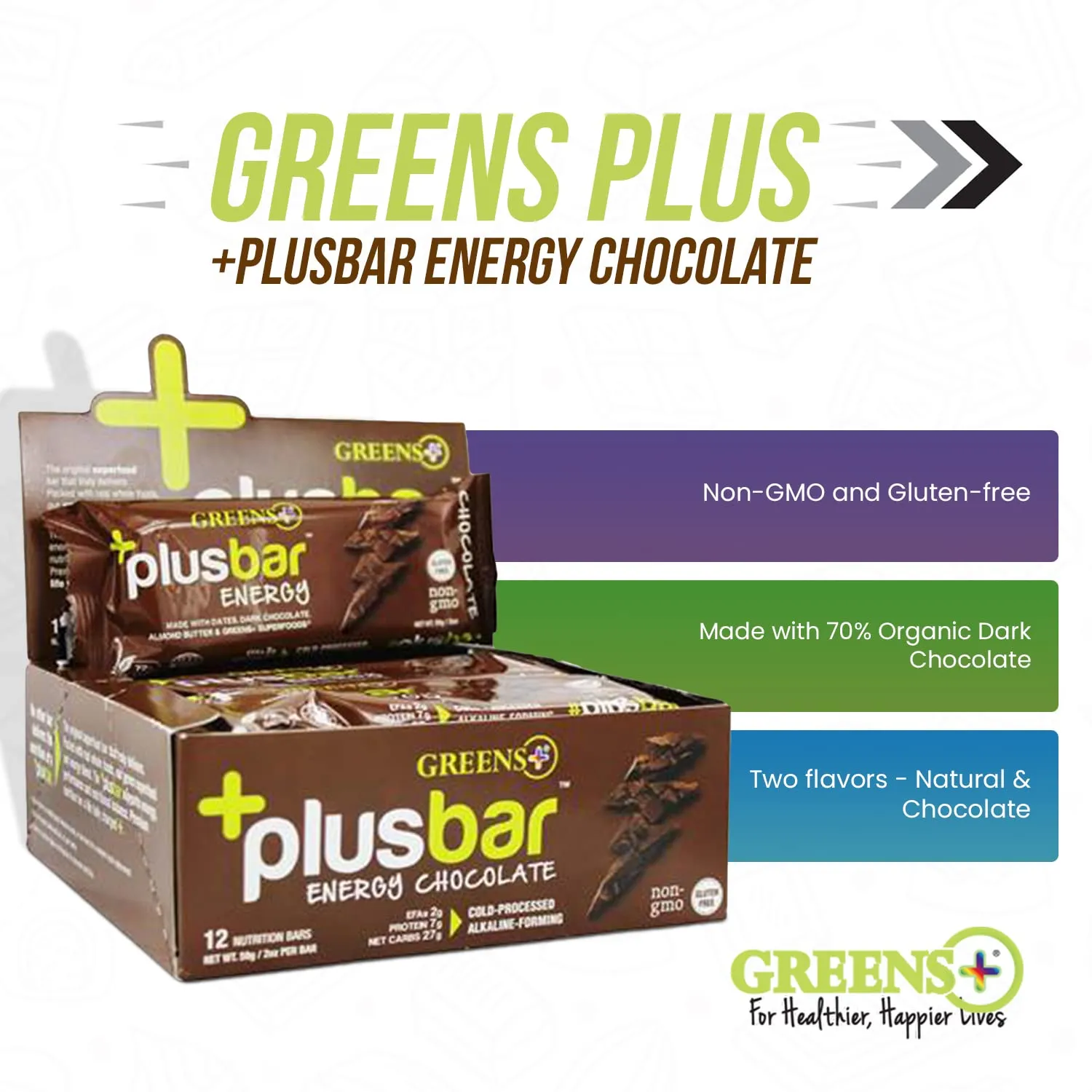 Greens  Plusbar Energy Bars, Chocolate, Gluten Free Healthy Snacks with Organic Super Greens, Superfoods & Dark Chocolate, Vegan, Dairy Free & Non GMO, 8g Protein Meal Replacement Bars, 12 Bars