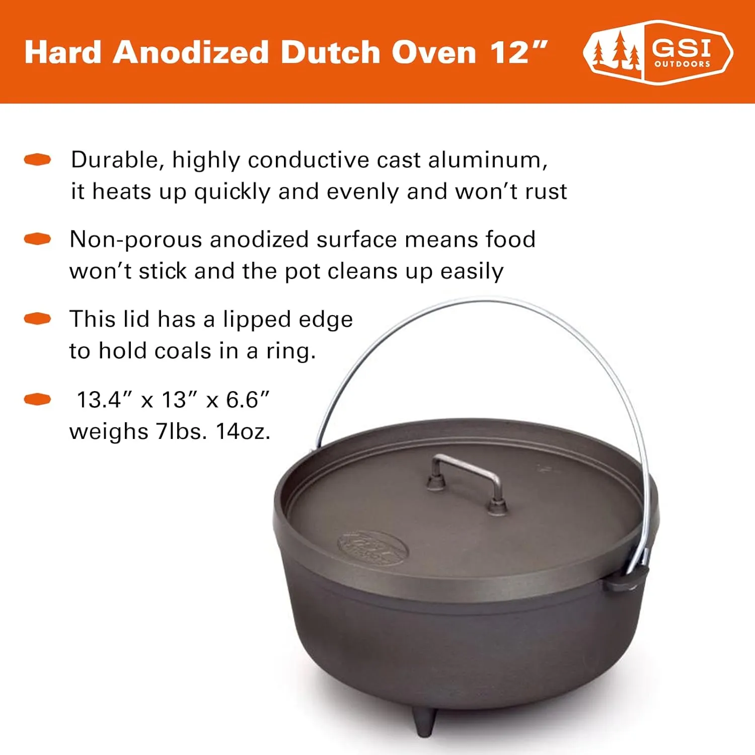 GSI Outdoors 12-Inch Hard Anodized Dutch Oven | Heavy-Duty, Non-Reactive, Rust-Free | Perfect for Open Fire, Camp Coals, Home Oven Use | Dutch Oven for Sourdough Bread, Stews, Soups and More