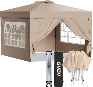 GVDV 10x10 Pop Up Gazebo Tent with 4 Removable Sidewalls&2 Window, Outdoor Commercial Canopy Tent for Vendor Events, Patio, Parties, Camping, Khaki