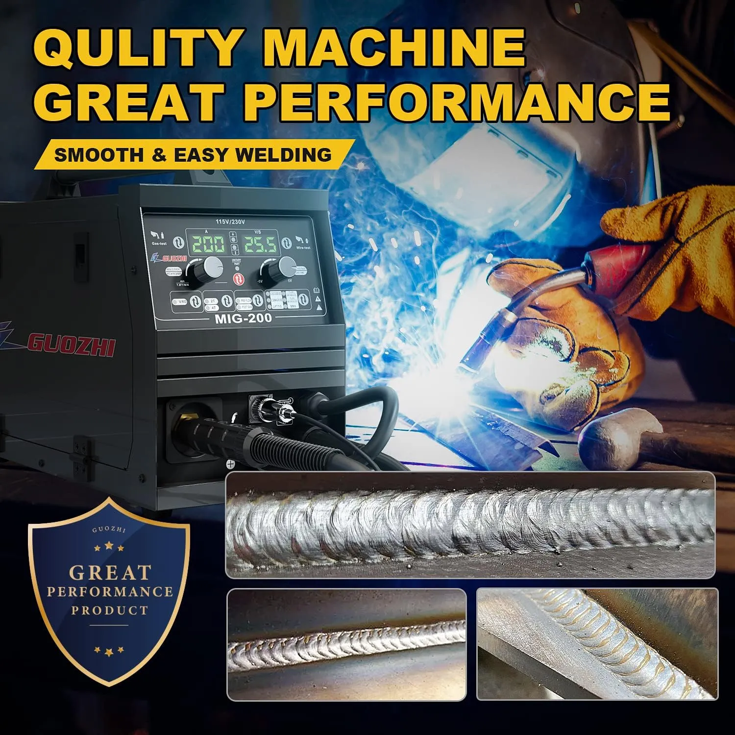 GZGUOZHI 200Amp MIG Welder,110/220V Dual Voltage, Gas Gasless MIG Welding Machine, Solid Wire Flux MIG/Lift TIG/Stick ARC Multiprocess MIG Welder
