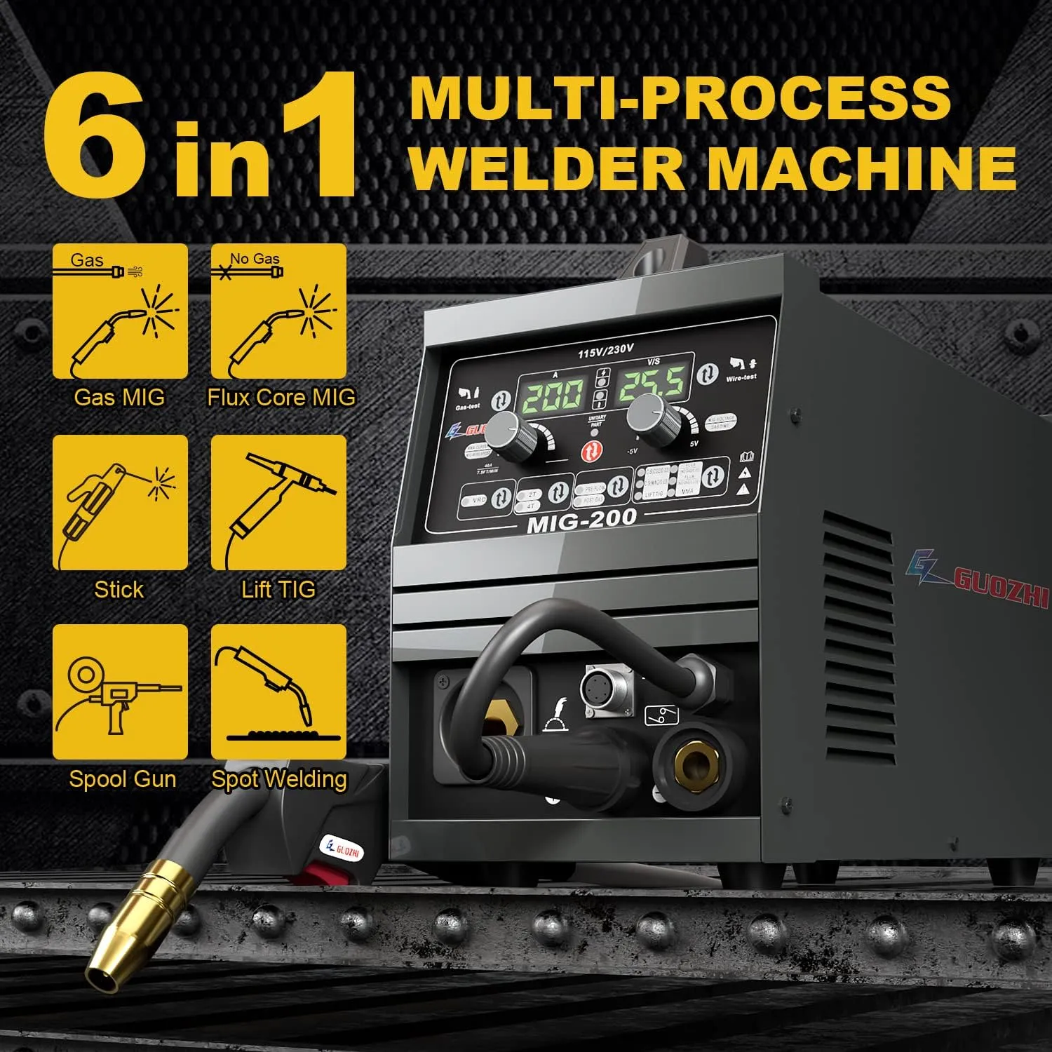 GZGUOZHI 200Amp MIG Welder,110/220V Dual Voltage, Gas Gasless MIG Welding Machine, Solid Wire Flux MIG/Lift TIG/Stick ARC Multiprocess MIG Welder