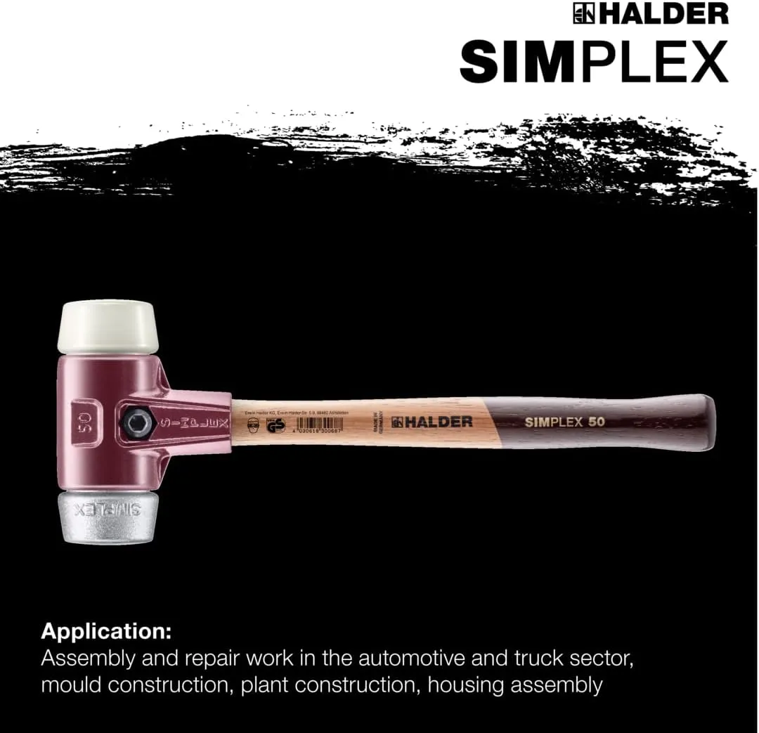 Halder Simplex Soft-Faced Mallet, Soft Aluminum Insert, Hard Nylon Insert, Cast Iron Housing with Handle Protection Sleeve, Varnished Wooden Handle, 30mm, .8 lbs.