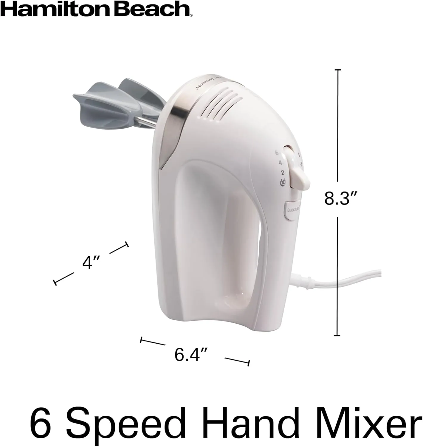 Hamilton Beach 6-Speed Electric Hand Mixer with Whisk, Dough Hooks and Easy Clean Beaters, Powerful 275 Watt Motor, Snap-On Storage Case, White