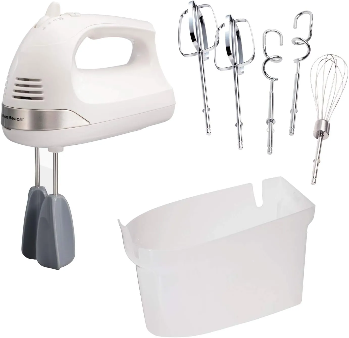 Hamilton Beach 6-Speed Electric Hand Mixer with Whisk, Dough Hooks and Easy Clean Beaters, Powerful 275 Watt Motor, Snap-On Storage Case, White