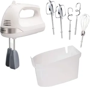Hamilton Beach 6-Speed Electric Hand Mixer with Whisk, Dough Hooks and Easy Clean Beaters, Powerful 275 Watt Motor, Snap-On Storage Case, White
