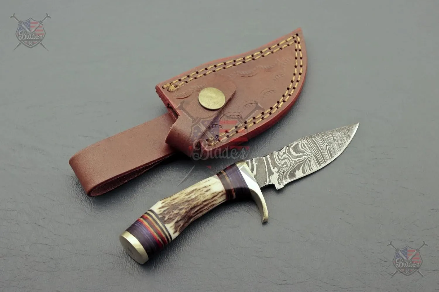 Handmade Damascus Steel Staghorn 6" Inch – Fireside Camping & Skinning Tool with Stag/Antler Handle & Leather Sheath – Best Gift for Him