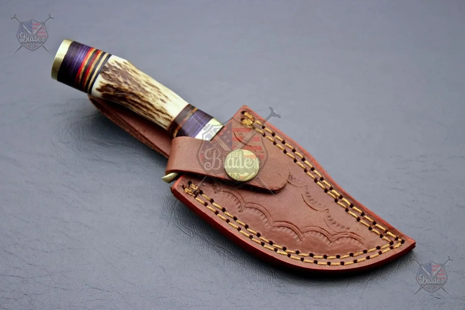 Handmade Damascus Steel Staghorn 6" Inch – Fireside Camping & Skinning Tool with Stag/Antler Handle & Leather Sheath – Best Gift for Him