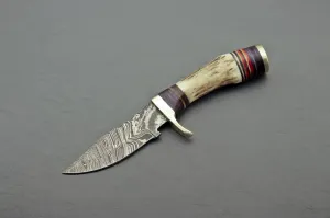 Handmade Damascus Steel Staghorn 6" Inch – Fireside Camping & Skinning Tool with Stag/Antler Handle & Leather Sheath – Best Gift for Him
