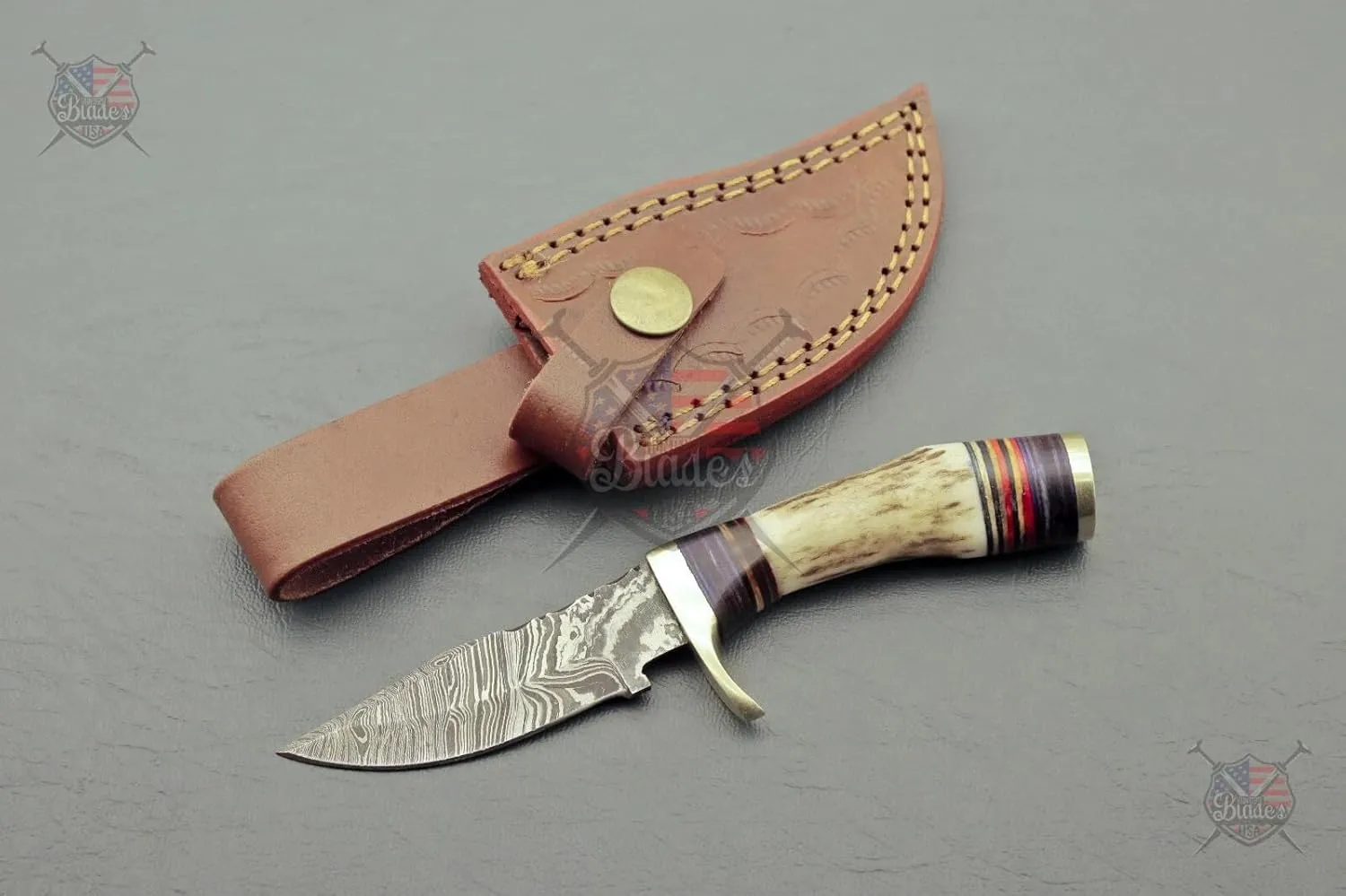Handmade Damascus Steel Staghorn 6" Inch – Fireside Camping & Skinning Tool with Stag/Antler Handle & Leather Sheath – Best Gift for Him