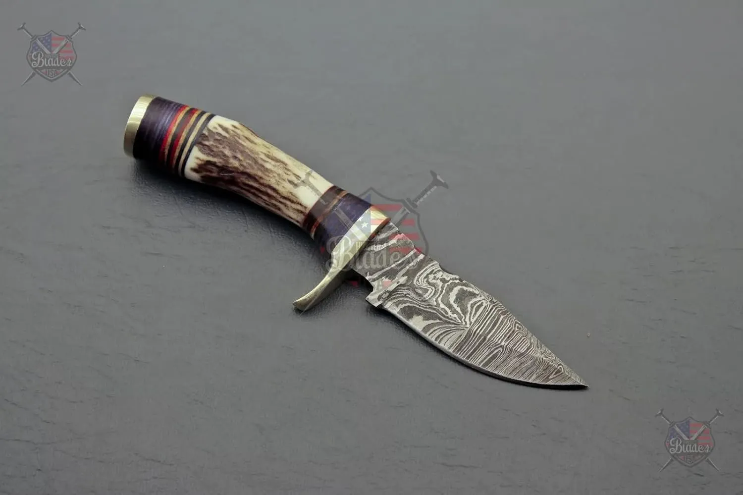 Handmade Damascus Steel Staghorn 6" Inch – Fireside Camping & Skinning Tool with Stag/Antler Handle & Leather Sheath – Best Gift for Him