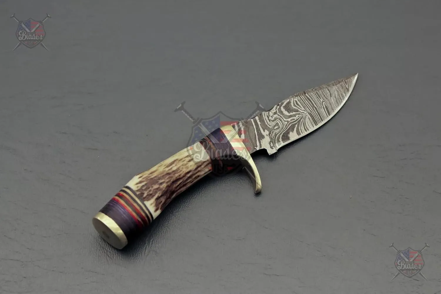 Handmade Damascus Steel Staghorn 6" Inch – Fireside Camping & Skinning Tool with Stag/Antler Handle & Leather Sheath – Best Gift for Him