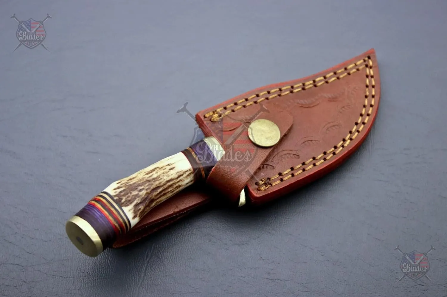 Handmade Damascus Steel Staghorn 6" Inch – Fireside Camping & Skinning Tool with Stag/Antler Handle & Leather Sheath – Best Gift for Him