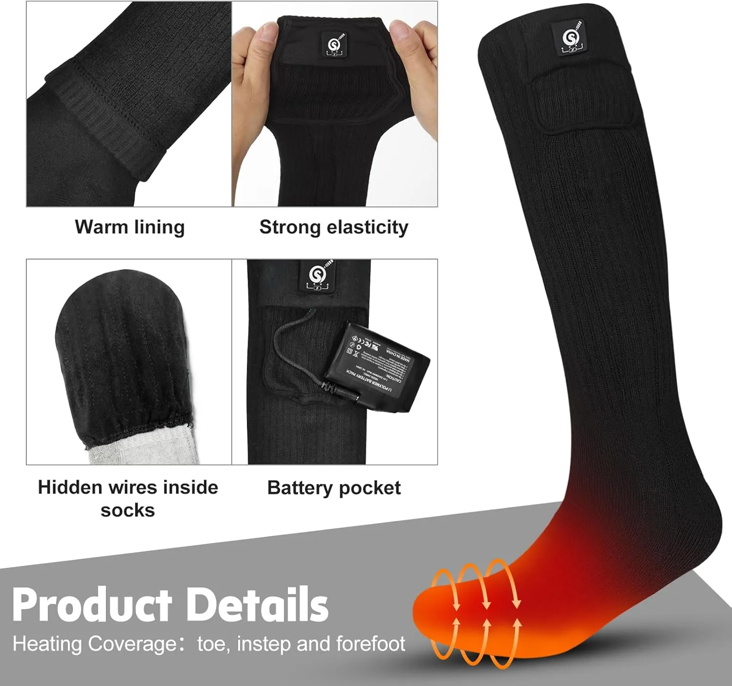 Heated Socks for Men Women Battery Electric Heated Socks Rechargeable 7.4V 2200mAh up to 6.5hrs for Outdoor Skiing Hiking Camping Working, Cold Weather Foot Warmer