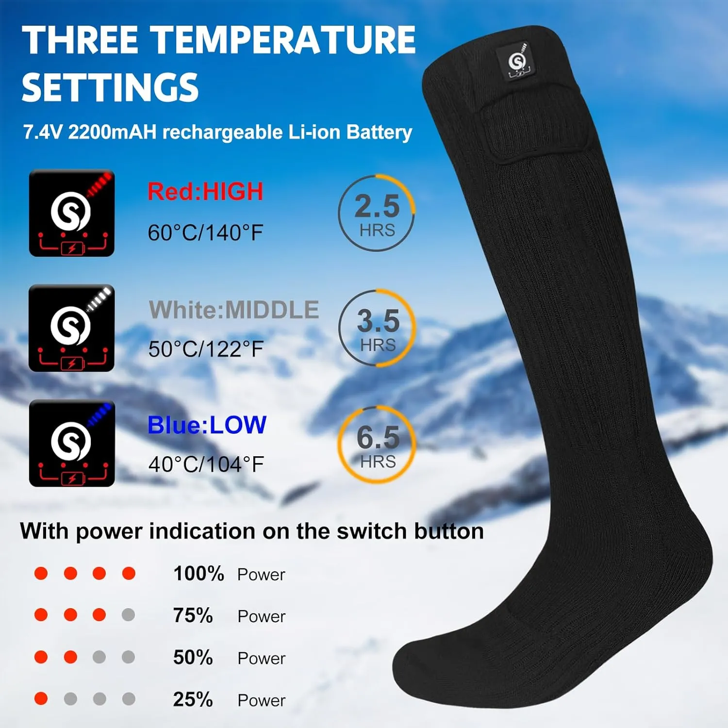 Heated Socks for Men Women Battery Electric Heated Socks Rechargeable 7.4V 2200mAh up to 6.5hrs for Outdoor Skiing Hiking Camping Working, Cold Weather Foot Warmer