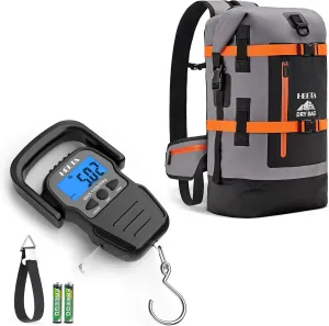 HEETA Fish Scale Up to 110lb/50kg, 2 AAA Batteries Included (Black) Bundled with Waterproof Dry Bags Backpack (Black 40L)