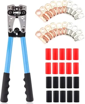HKS Battery Cable Lug Crimping Tool 10-1 AWG with 20 Pcs Copper Ring Terminals & 20 Pcs 3:1 Ratio Adhesive Lined Heat Shrink Tubings - Marine Grade Shrink Wrap