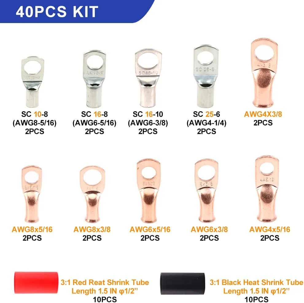 HKS Battery Cable Lug Crimping Tool 10-1 AWG with 20 Pcs Copper Ring Terminals & 20 Pcs 3:1 Ratio Adhesive Lined Heat Shrink Tubings - Marine Grade Shrink Wrap