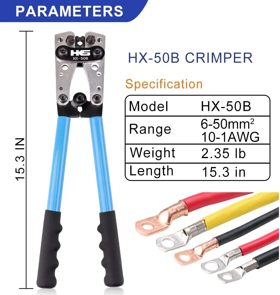 HKS Battery Cable Lug Crimping Tool 10-1 AWG with 20 Pcs Copper Ring Terminals & 20 Pcs 3:1 Ratio Adhesive Lined Heat Shrink Tubings - Marine Grade Shrink Wrap
