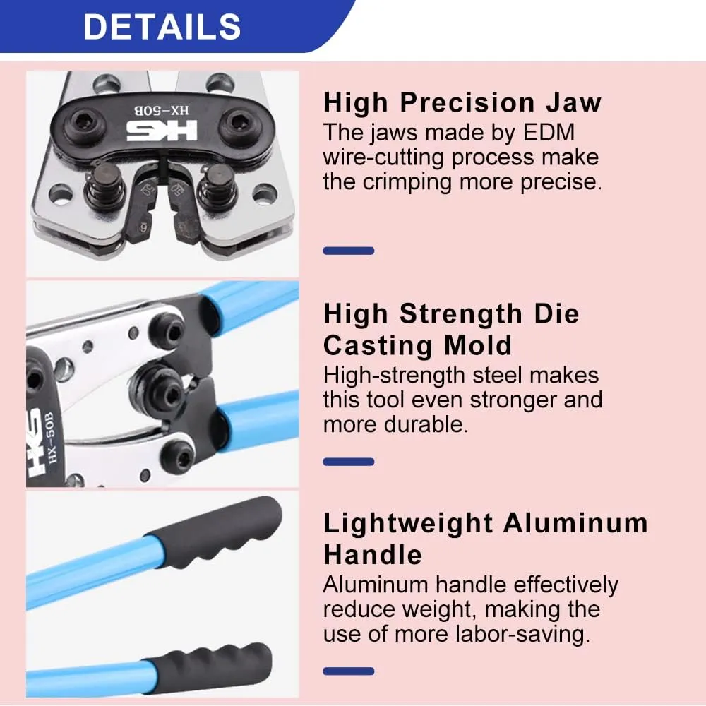 HKS Battery Cable Lug Crimping Tool 10-1 AWG with 20 Pcs Copper Ring Terminals & 20 Pcs 3:1 Ratio Adhesive Lined Heat Shrink Tubings - Marine Grade Shrink Wrap