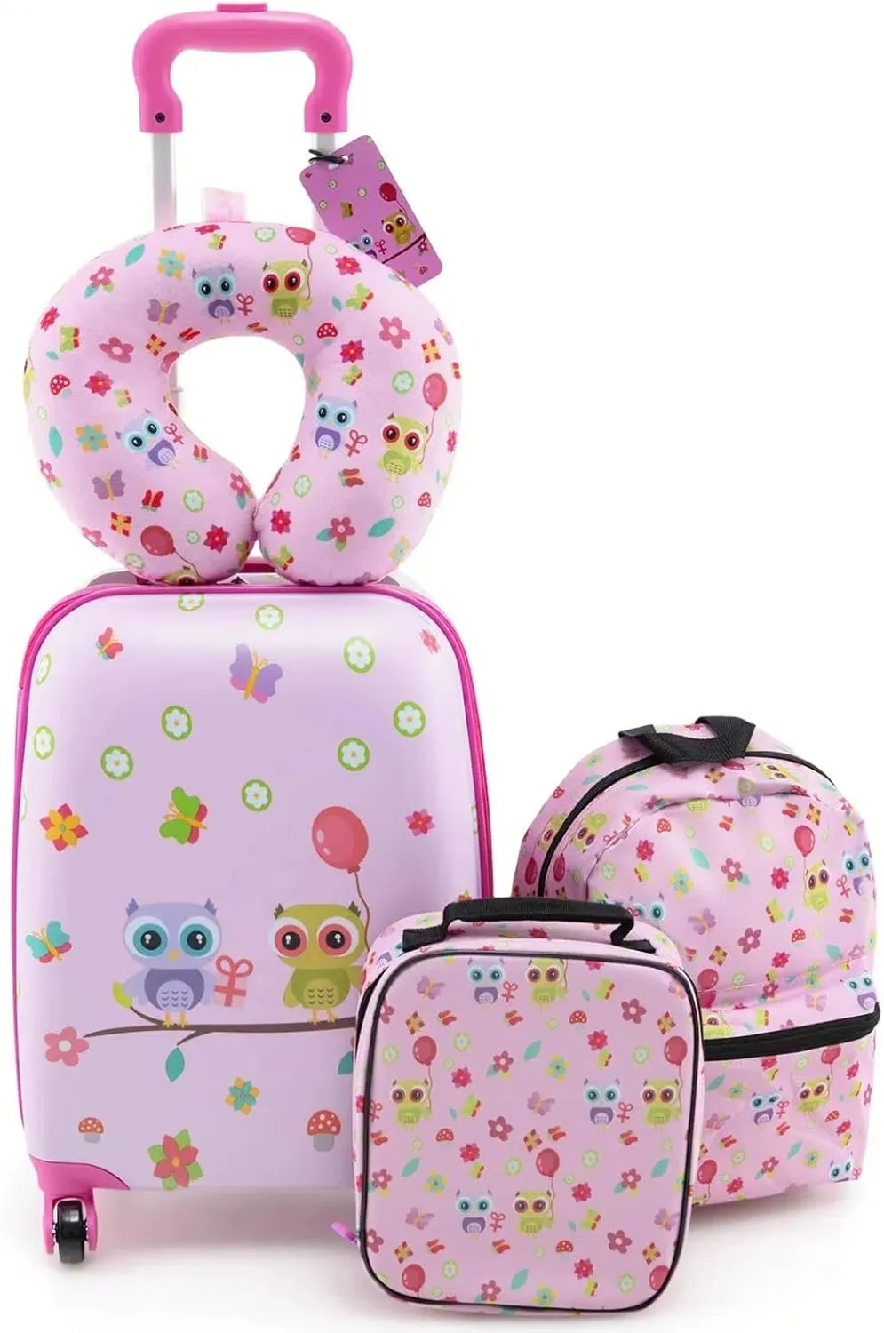 HONEY JOY Kids Luggage Set, 16 Inch Owl Toddler Luggage, Lunch Bag, Neck Pillow, Luggage Tag, Airplane Approved, 5 Piece Spinner Travel Luggage for Boys Girls (Owl)