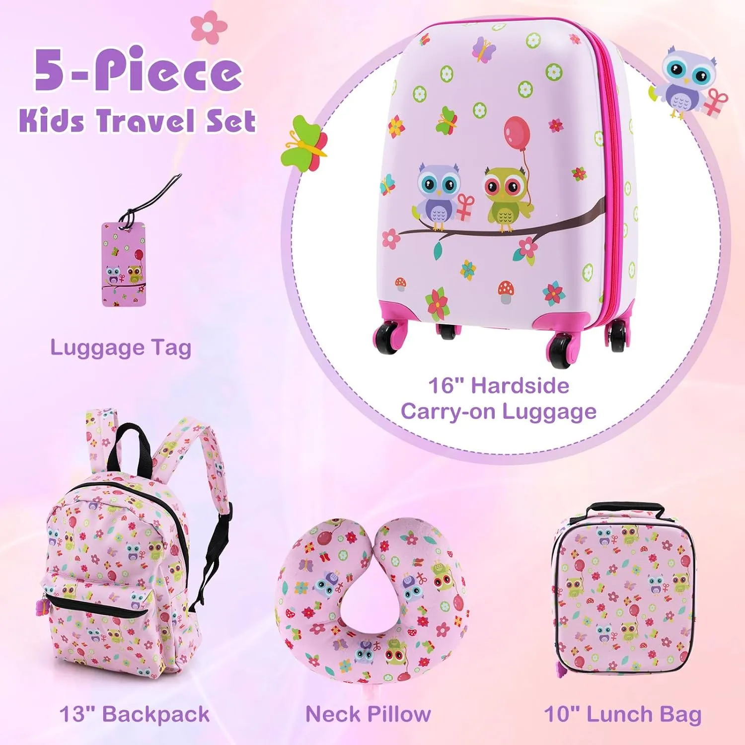 HONEY JOY Kids Luggage Set, 16 Inch Owl Toddler Luggage, Lunch Bag, Neck Pillow, Luggage Tag, Airplane Approved, 5 Piece Spinner Travel Luggage for Boys Girls (Owl)