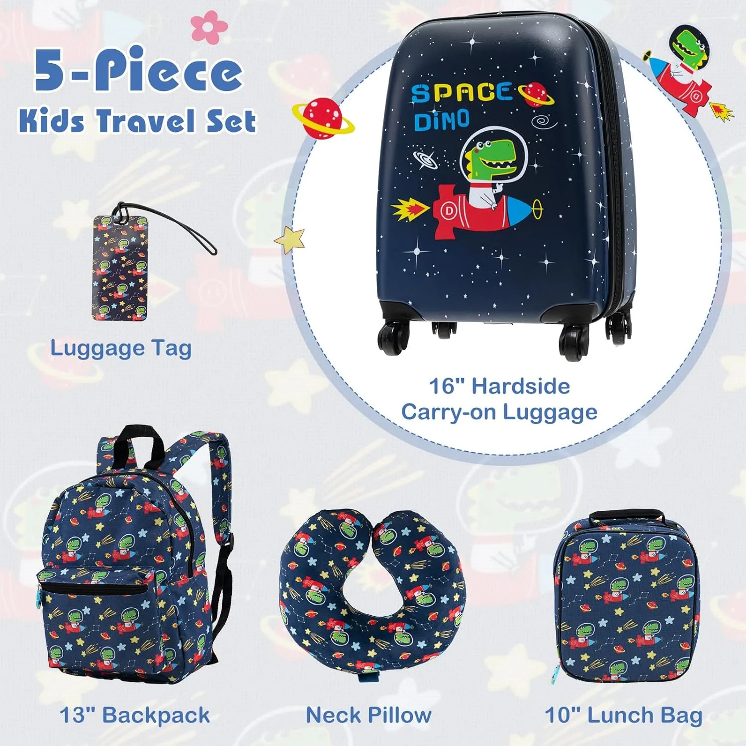 HONEY JOY Kids Luggage Set, 16 Inch Rocket Toddler Luggage, Neck Pillow, Airplane Approved, 5 Piece Spinner Travel Luggage for Boys Girls (Rocket)