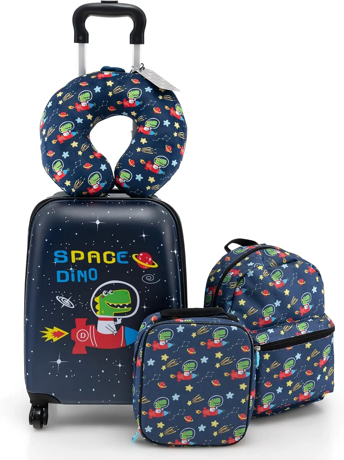 HONEY JOY Kids Luggage Set, 16 Inch Rocket Toddler Luggage, Neck Pillow, Airplane Approved, 5 Piece Spinner Travel Luggage for Boys Girls (Rocket)