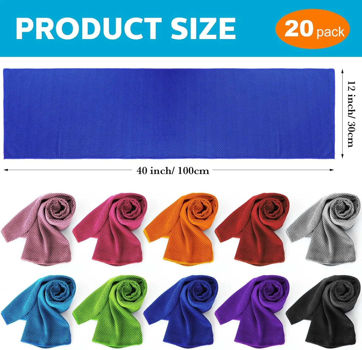 Honoson 20 Packs Cooling Towel, 40" x 12" Ice Towel for Neck and Face Microfiber Breathable Sport Sweat Rag for Gym, Yoga, Travel, Camping, Running, Fitness, Workout & More Activities